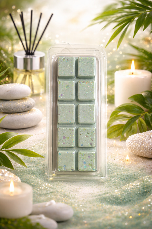 Pack of green wax melts with candles and plants in the background