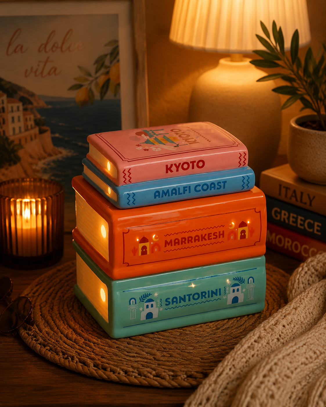 Travel book stack wax and oil burner in cosy home