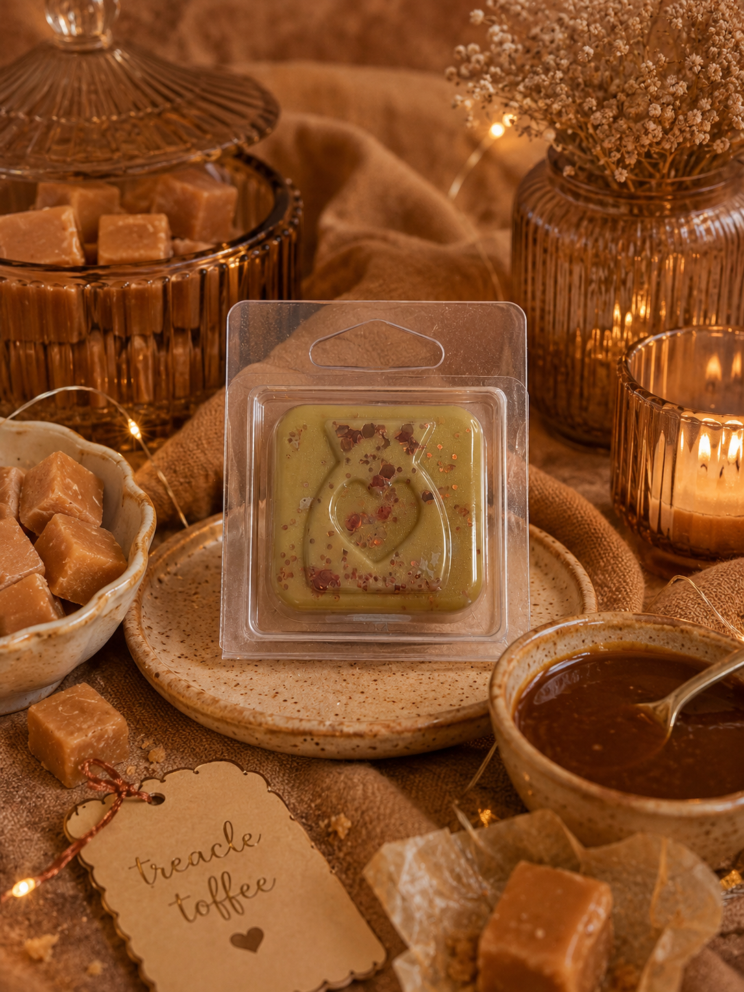Wax melt in packaging on a table with fudge and candles