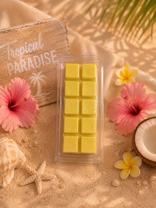 Tropical paradise wax melt on beach with summer decor.