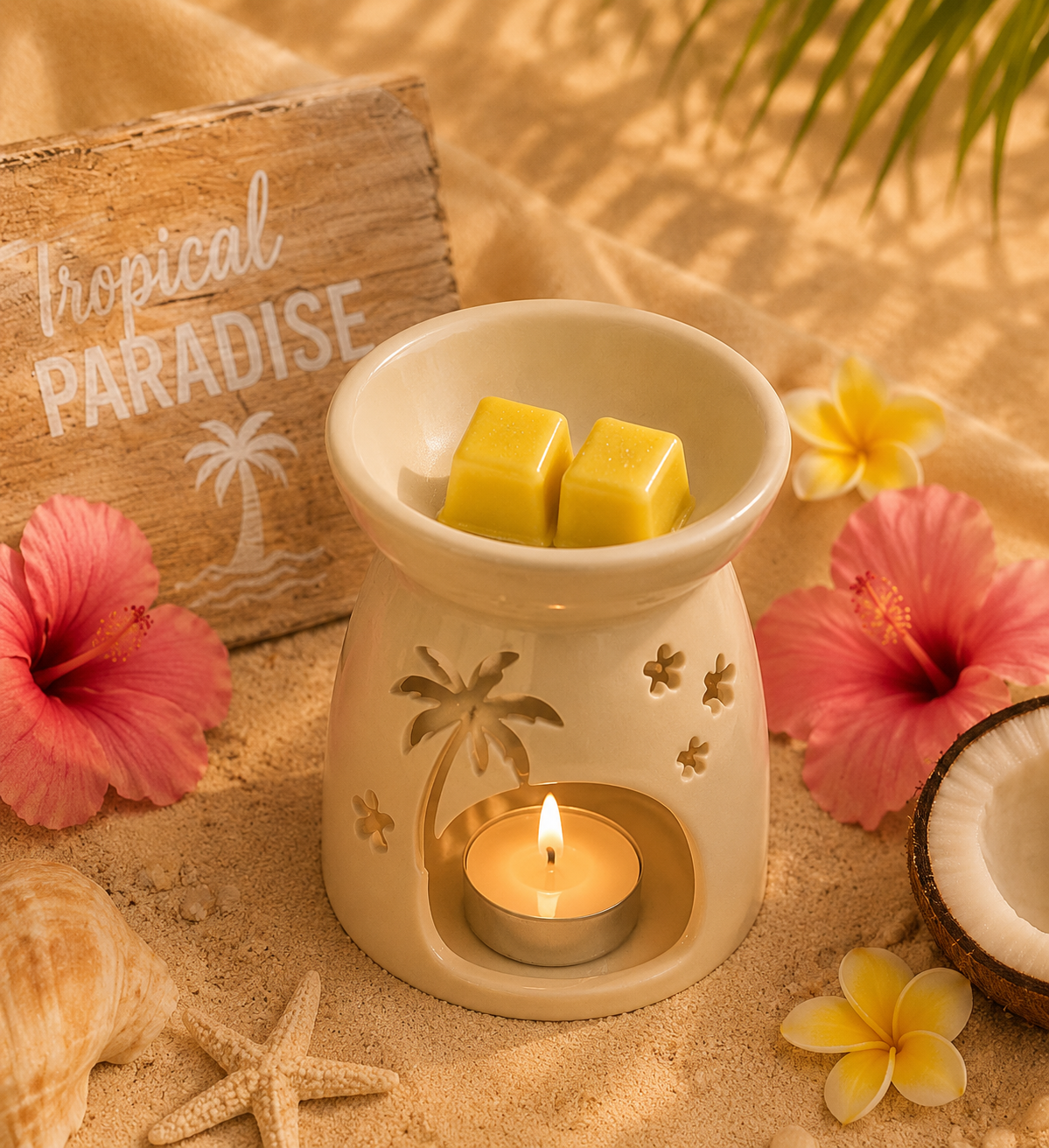 A ceramic wax warmer with a tropical palm tree design, lit with a small tealight candle, and topped with two yellow wax cubes. The warmer is styled on a sandy surface with pink hibiscus flowers, a wooden sign reading 'Tropical Paradise,' starfish, a seashell, and a coconut shell.