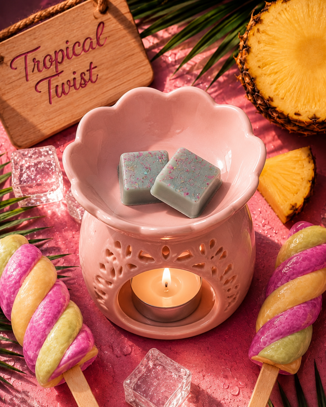 Two pastel wax melts with pink and blue glitter are displayed in a pink ceramic candle warmer with a lit tealight candle. The scene is styled with tropical props including a wooden sign reading 'Tropical Twist,' pineapple slices, colorful spiral popsicle bars, ice cubes, and palm leaves on a pink textured background.