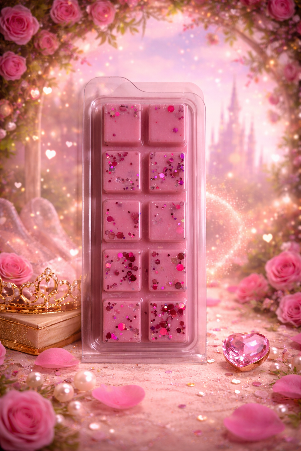 Pink wax melts with glitter in a clear packaging against a fairy-tale background with roses and a castle.