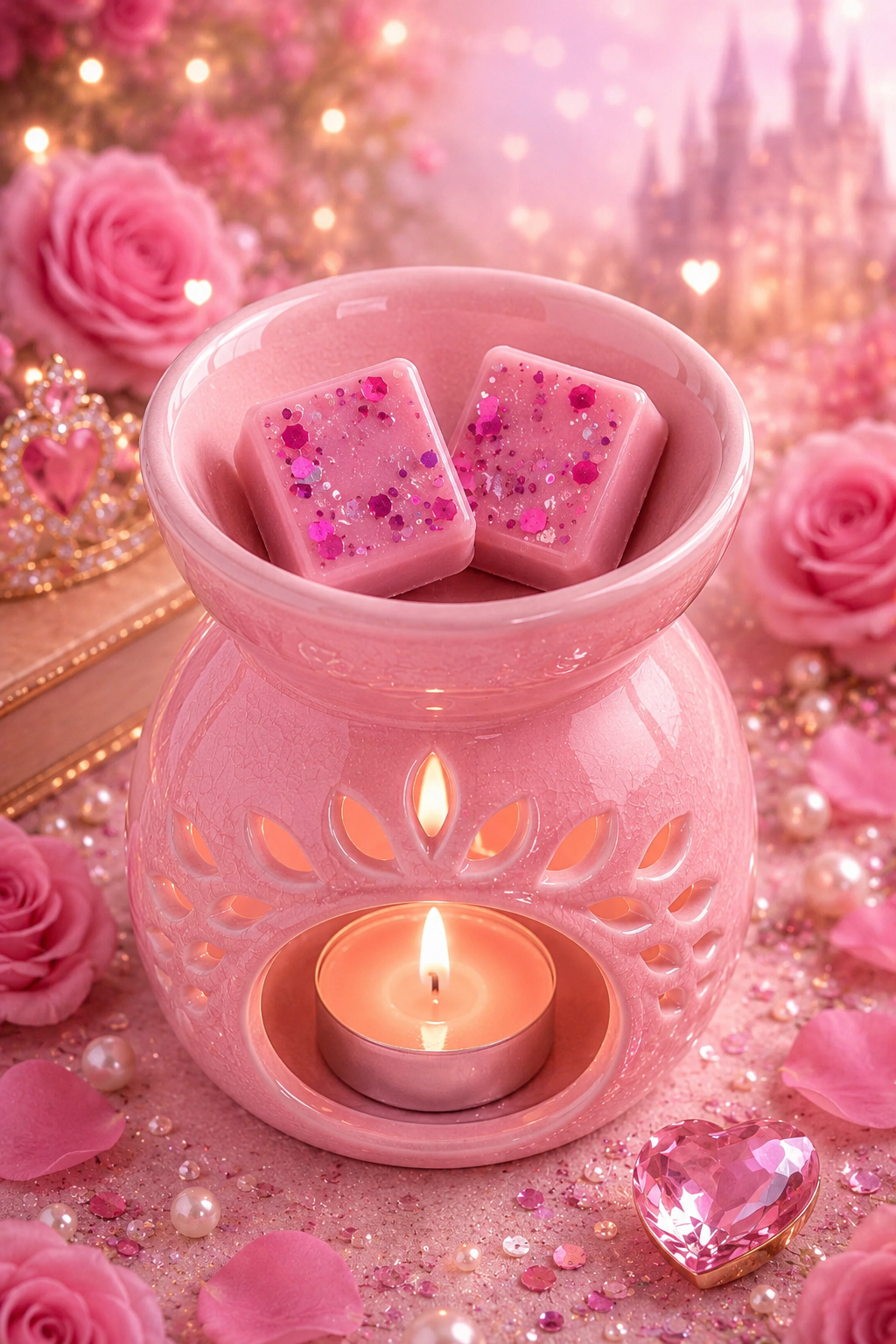 pink wax melts in burner with magical castle theme.