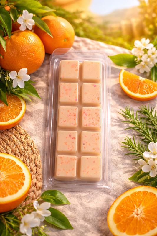 Wax melt bar with oranges and flowers on a wooden surface