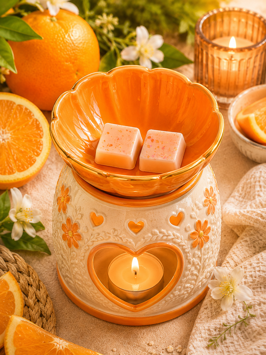 Orange wax melts in burner with cosy summer background.
