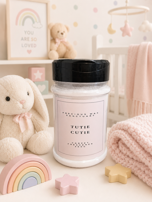 A jar of carpet freshener labeled 'TUTIE CUTIE' by Precious Wax Sanctuary sits on a tabletop in a soft, nursery-like setting with a plush bunny, blanket, rainbow toy, star-shaped blocks, and pastel decor in the background.