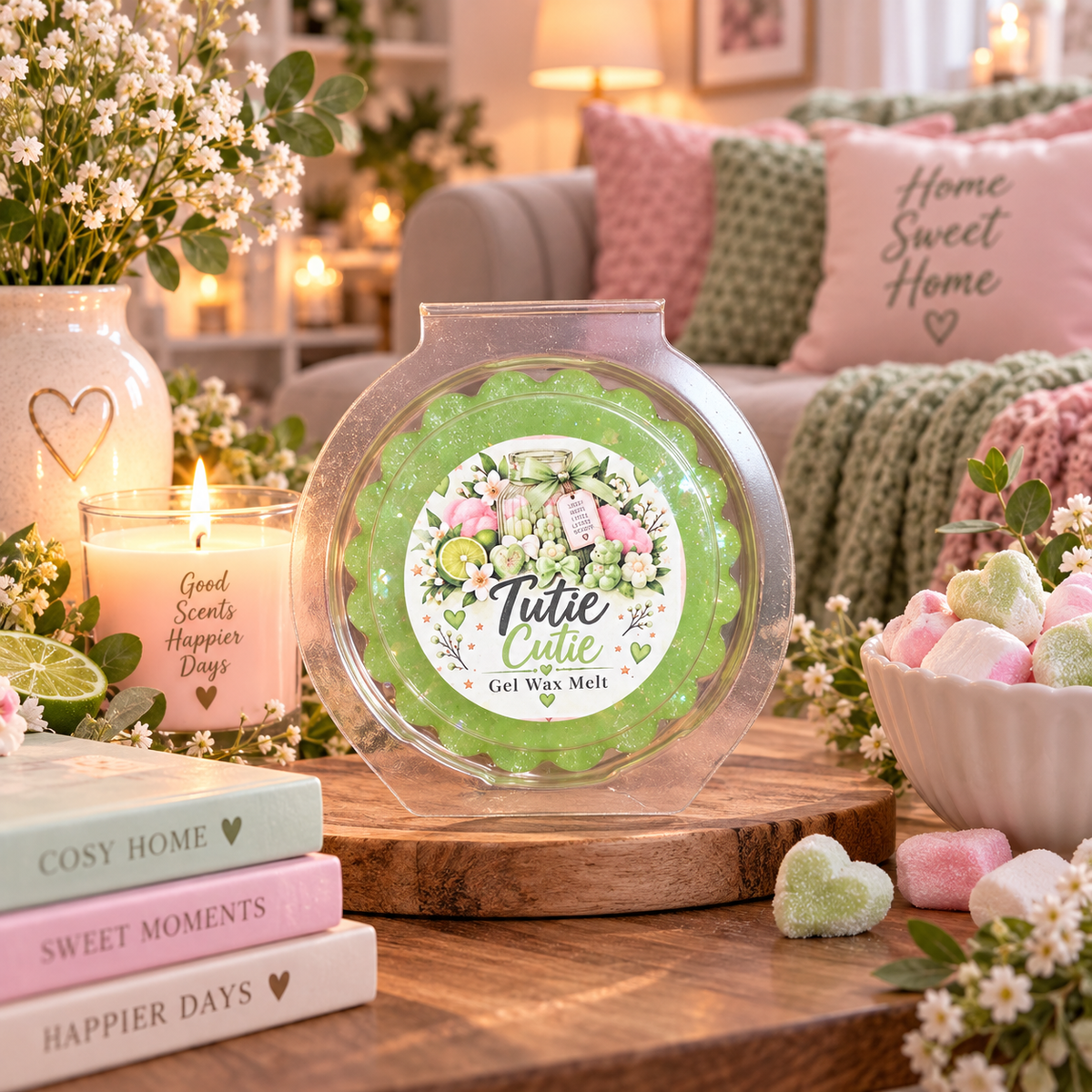 A round gel wax melt package labeled 'Tutie Cute' sits on a wooden table in a cozy living-room setting with candles, pillows, flowers, and marshmallows visible in the background.
