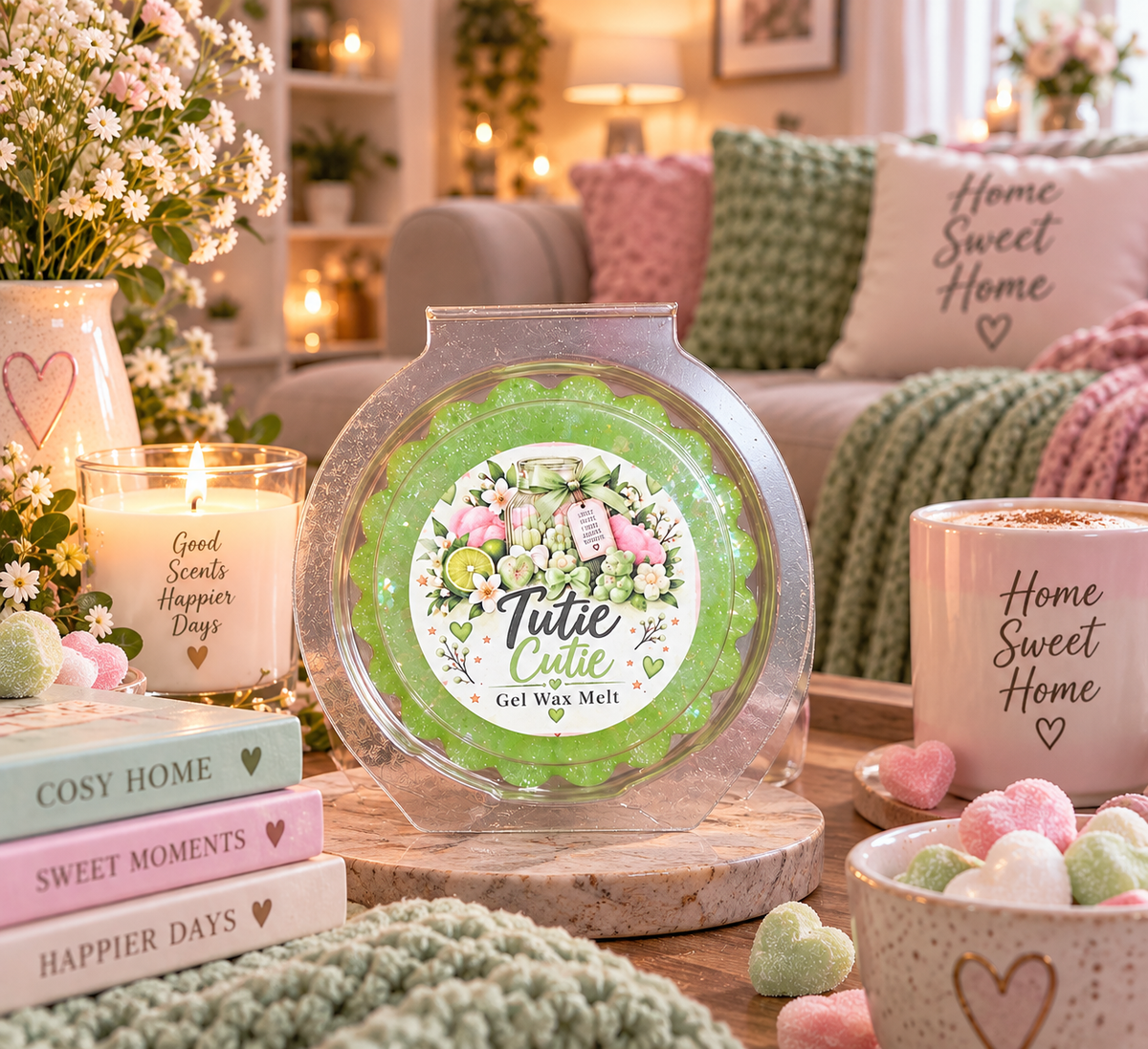 A round clear plastic tub of green scented gel wax melts sits on a wooden coaster in a cozy living room setting. The label reads 'Tutie Cute Get Well Melt' with a floral and bird illustration.