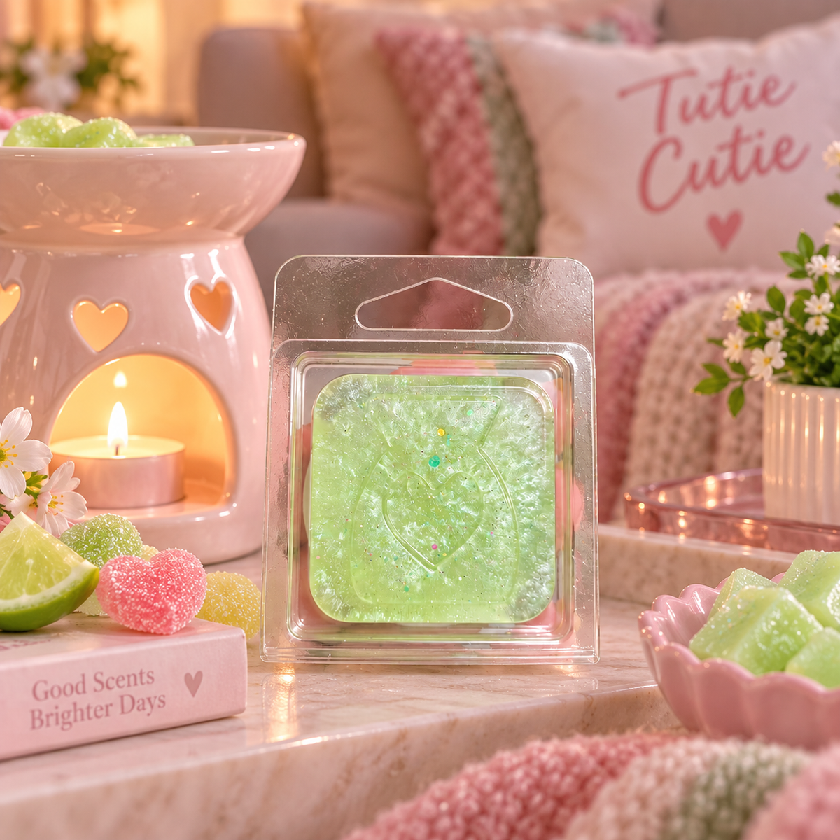 A packaged light green gel wax melt or scented wax cube in a clear plastic clamshell package, displayed on a marble surface in a cozy, pastel-themed room setting with a pink heart-shaped candle warmer, a lit tea light, and decorative pillows in the background.