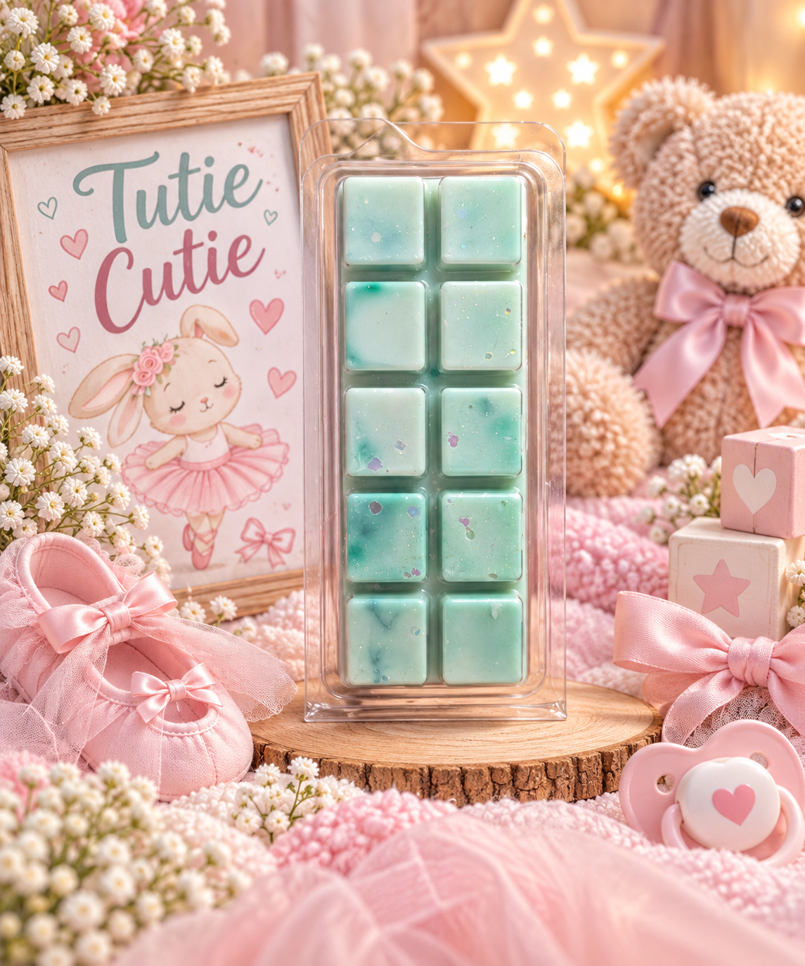 A packaged mint green marbled wax melt bar displayed on a wooden slice, surrounded by pink baby-themed props including a teddy bear, pink ballet shoes, baby blocks, and a framed bunny illustration that reads 'Tutie Cutie'.