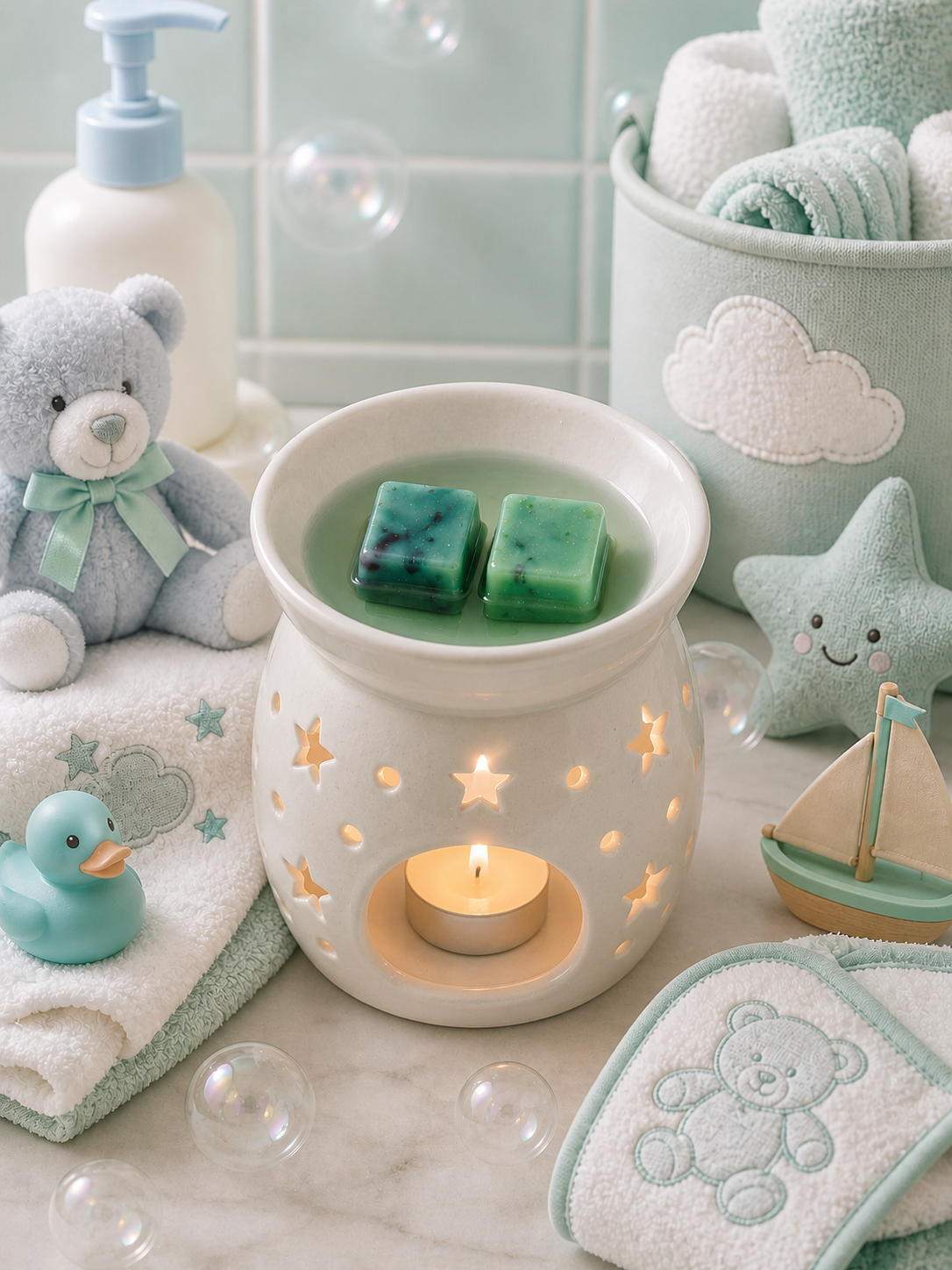 Tutie Cutie Wax melt in burner in bathroom with cute baby decor.
