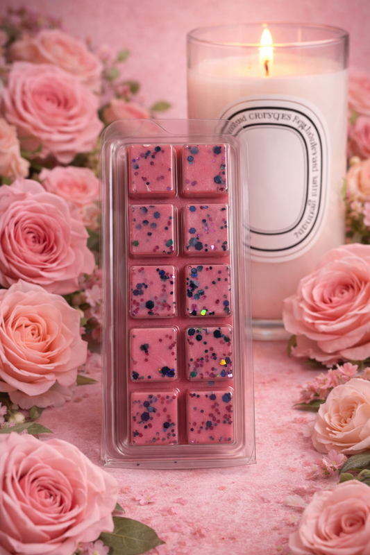 Pink wax melts in a clear container with a lit candle and pink roses in the background
