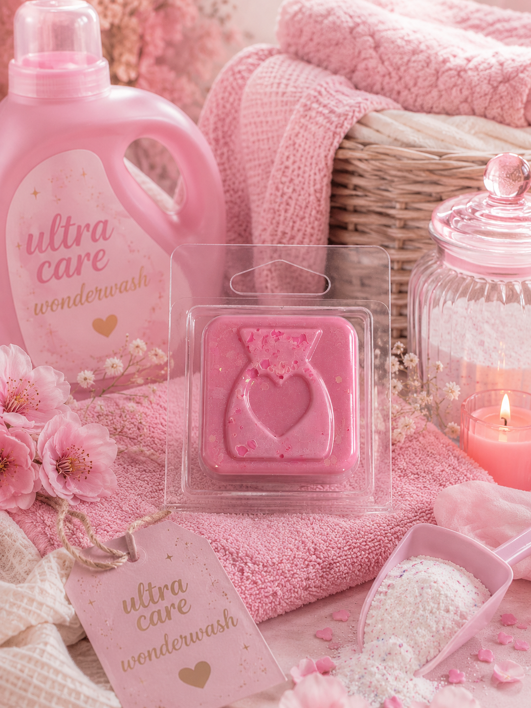 Pink laundry products including wax melts, detergent, soap, and towels on a soft pink background.