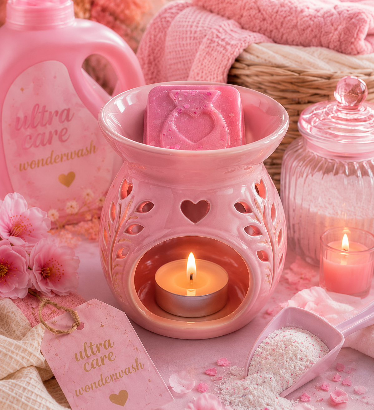 Pink ceramic wax warmer with a lit tealight candle inside and wax melts, shown in a styled spa setting with pink flowers, a pink soap bar, a pink bottle labeled 'ultra care wonderwash,' a glass jar, and a pink scoop of bath salts.