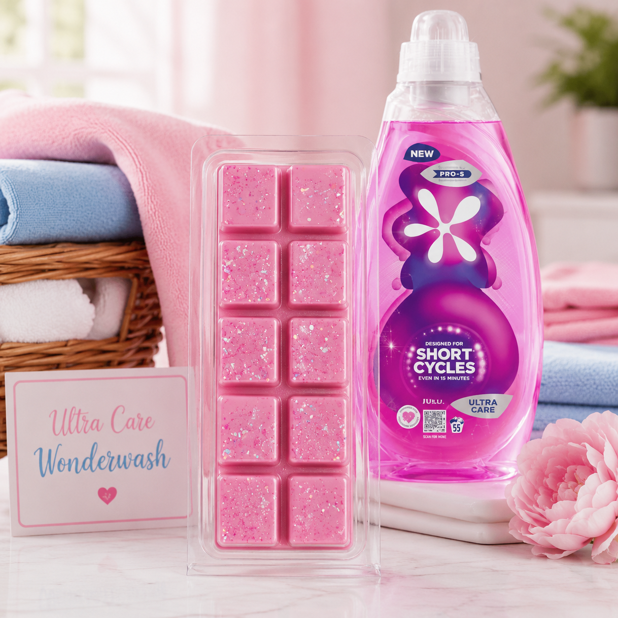 Purple bottle of laundry detergent with pink wax melt and a card on a pink background