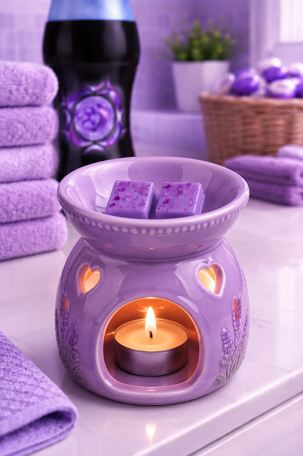 A lavender-colored ceramic candle warmer with a tealight candle lit inside and two purple wax cubes in the bowl, styled on a bathroom counter with purple towels and spa accessories in the background.