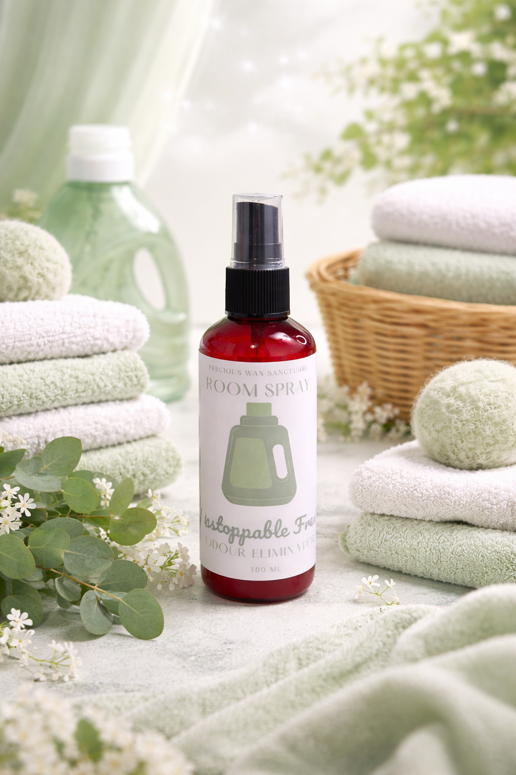Bottle of eco-friendly room spray with towels and flowers in the background