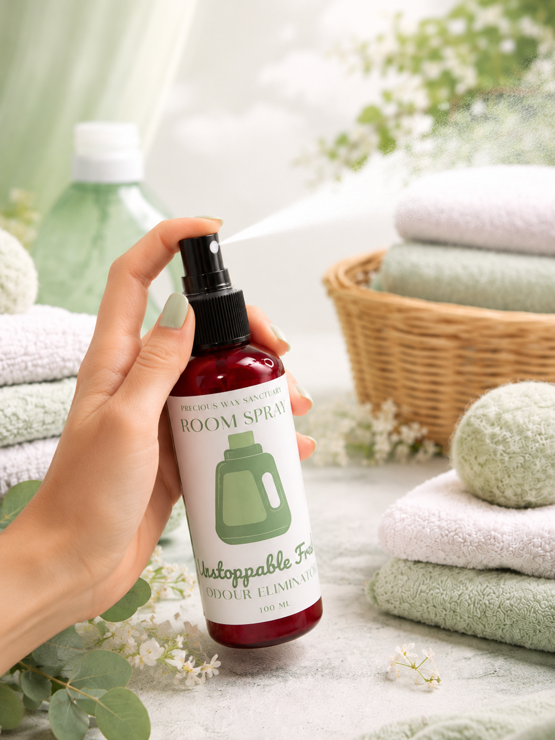 A hand holds a bottle of room spray with a black spray top and a white label featuring green graphics. The background is a soft, bright bathroom-like setting with folded towels, a wicker basket, and decorative flowers.