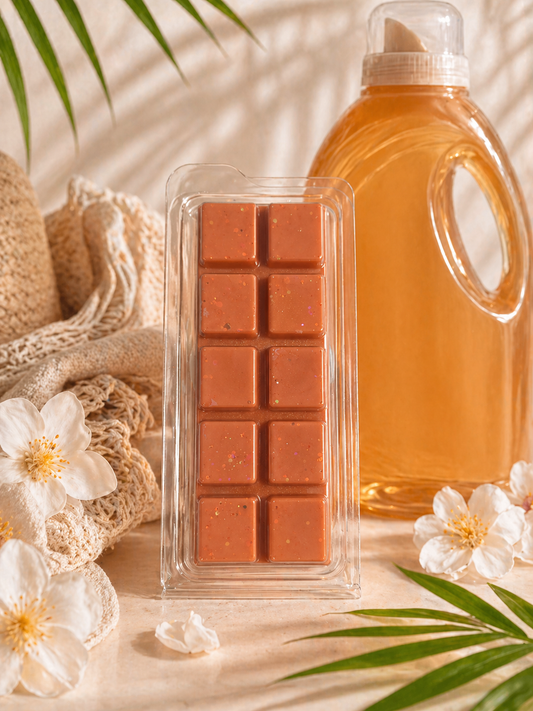 Wax melt with a bottle of liquid soap on a light background with flowers and leaves.