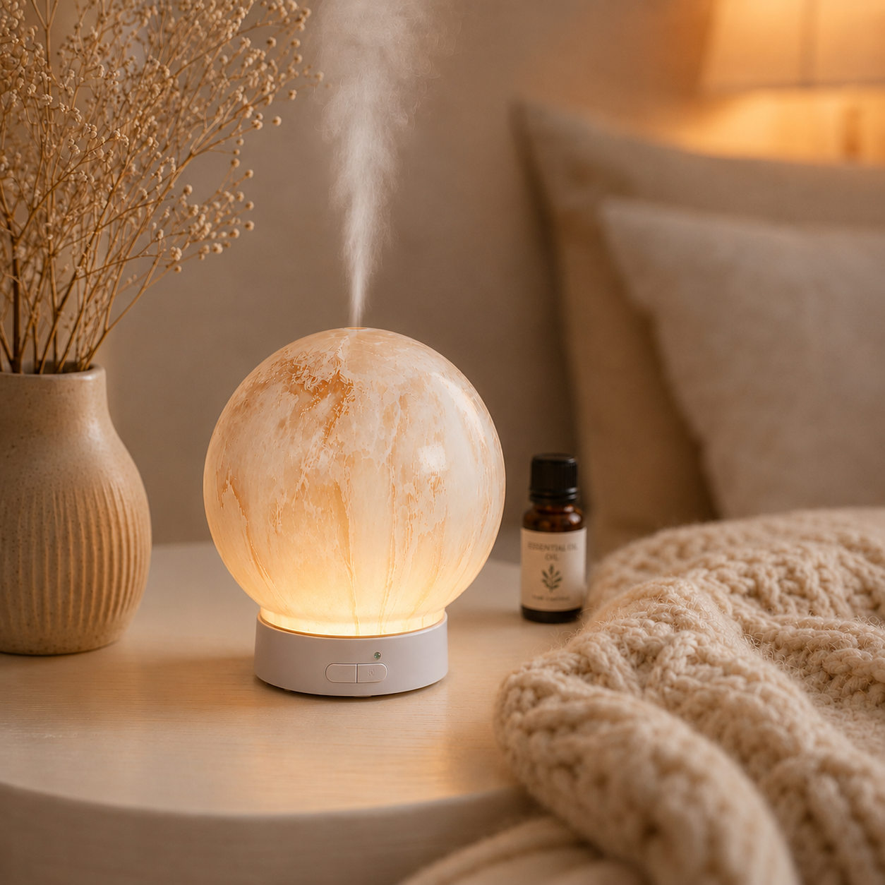 Glowing diffuser emitting steam on a table with decorative items in a cozy setting