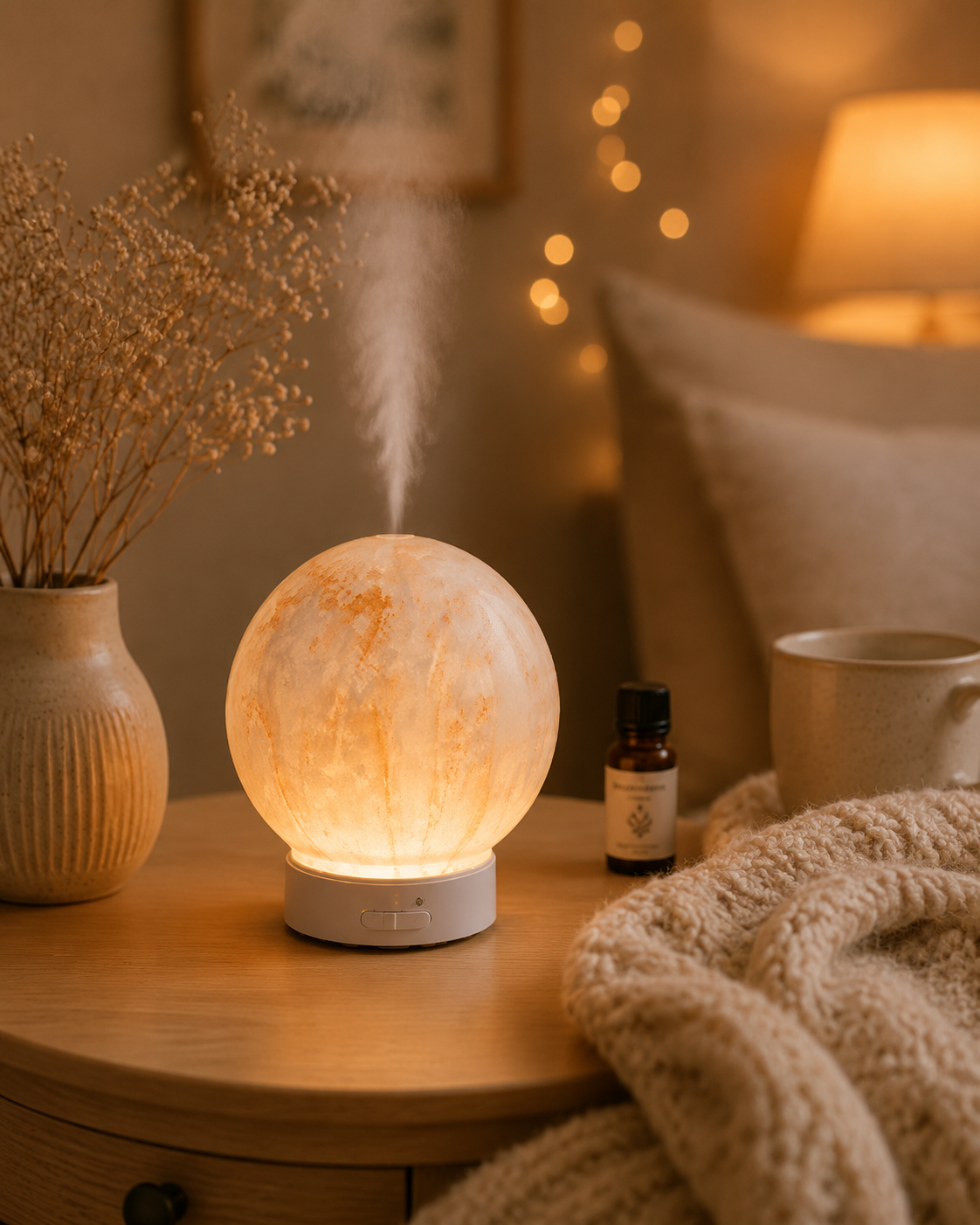 Valencia marble led aroma diffuser lit in cosy home at night