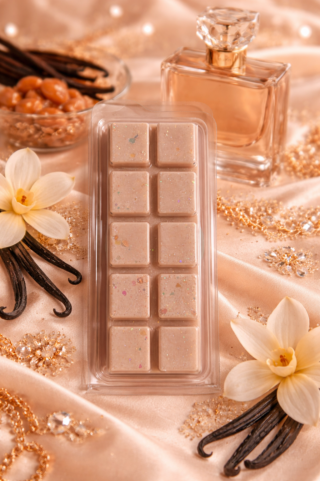 wax melts with vanilla beans and flowers on a decorative surface