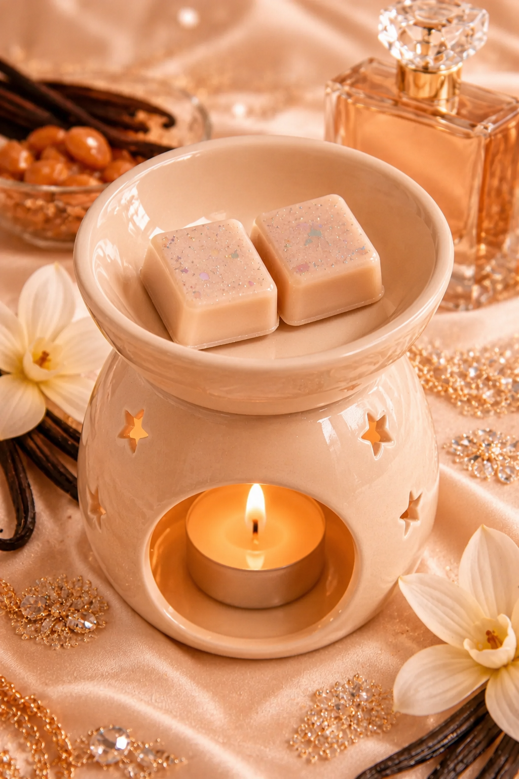 A ceramic wax warmer with star cutouts sits on a satin surface, lit with a small tealight candle inside. Two rectangular wax melts rest in the top dish.