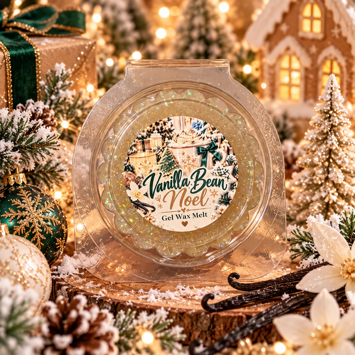 A round gel wax melt jar labeled 'Vanilla Bean by Noel Gel Wax Melt' sits on a rustic wood slice surrounded by Christmas decorations, including ornaments, pine branches, vanilla beans, and warm string lights.