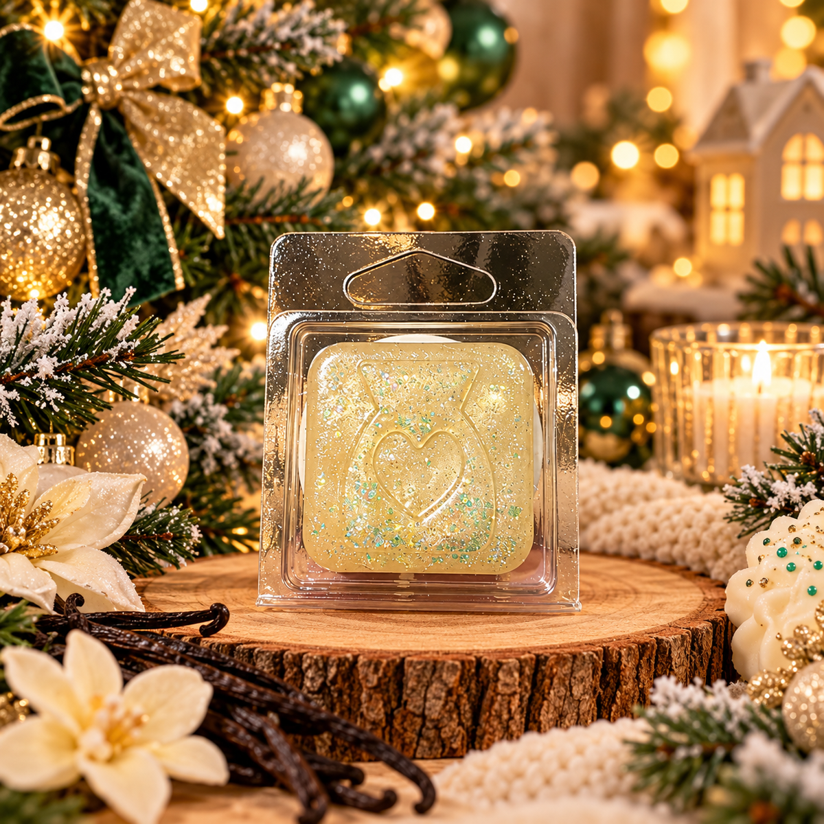 A packaged square gel wax melt with a heart motif, filled with pale yellow wax and glitter, displayed on a wooden slice in a festive Christmas setting with ornaments, lights, and candles.