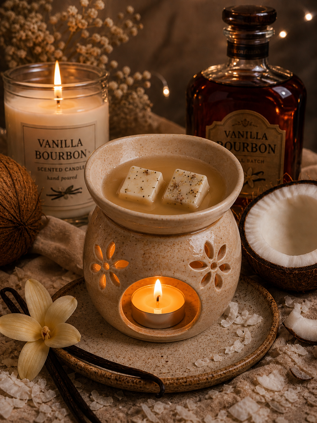 A ceramic wax warmer with wax melts and  a lit tea light candle inside, styled with coconut halves, vanilla beans, a vanilla bourbon candle, and a vanilla bourbon bottle on a rustic surface.