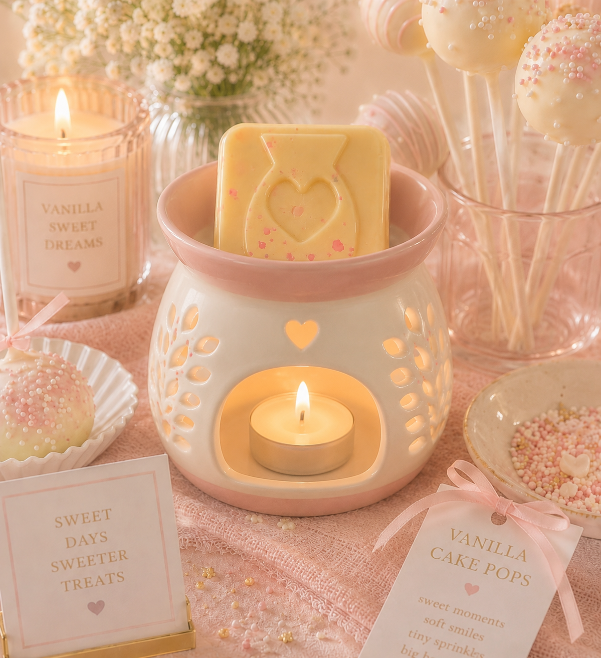 A pink and white ceramic wax warmer with a heart-shaped wax melt inside, styled on a pink tablecloth with candles, chocolate treats, and cards reading 'Vanilla Sweet Dreams' and 'Sweet Days Sweeter Treats'.