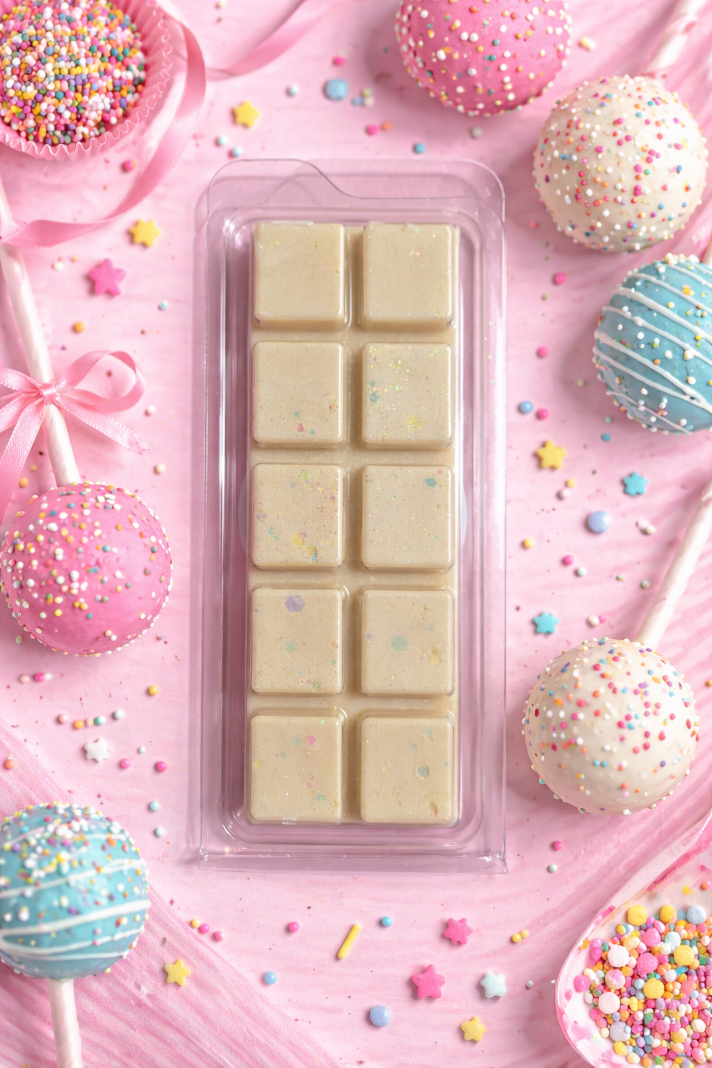 Packaged wax melts with colorful sprinkles on a pink background with cake pops and sprinkles.
