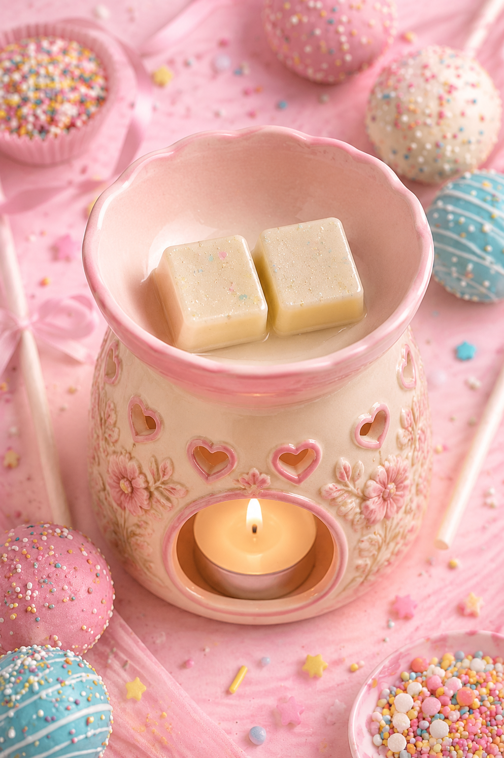 Cream wax melts in burner surrounded by vanilla cake pops and decor. 
