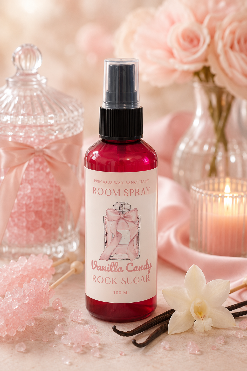 A bottle of Vanilla Candy Rock Sugar room spray with a black spray top and a pink-and-white label, styled with pink bath salts, a candle, flowers, and vanilla beans on a soft pink surface.