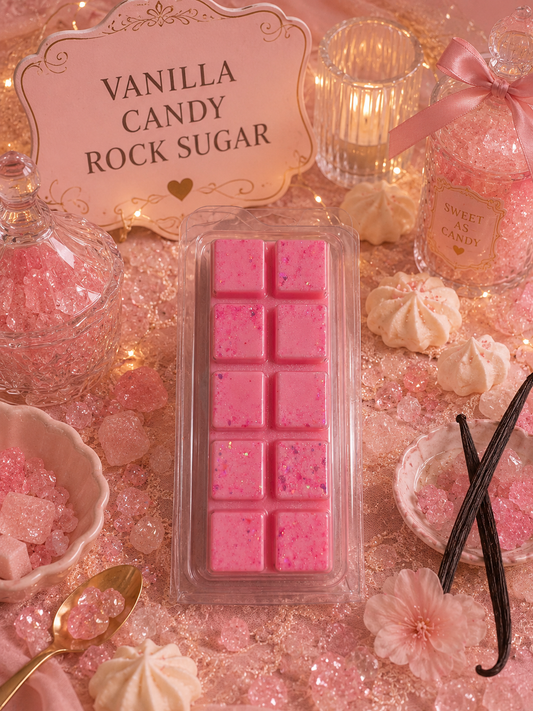 Pink candy rock sugar wax melt with vanilla beans and decorative elements on a pink background.