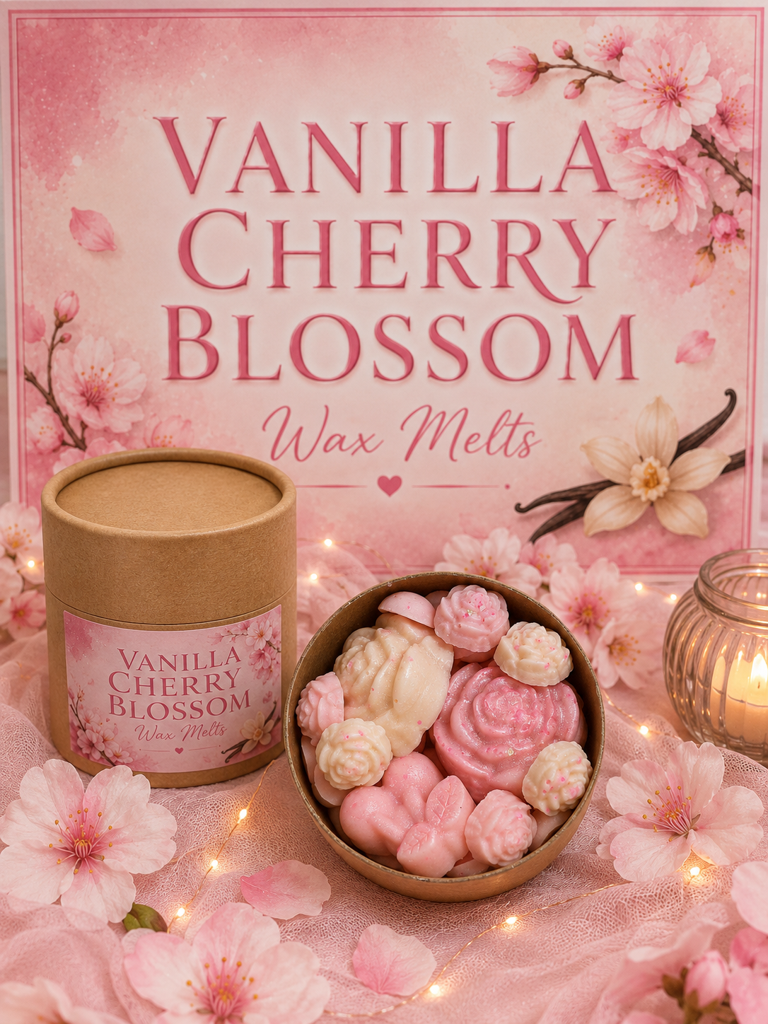 Vanilla cherry blossom wax melts with packaging on a floral background