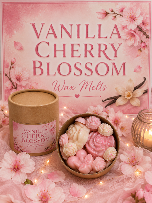 Vanilla cherry blossom wax melts with packaging on a floral background