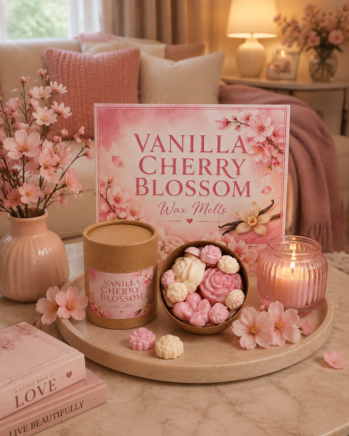 Vanilla Cherry Blossom Wax Melts gift set displayed on a marble tray in a cozy, decorated room. The set includes a pink and white carded box, a kraft paper jar, a bowl of assorted wax melts, and a lit pink candle.