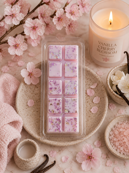 Vanilla cherry blossom-themed wax melts with a lit candle and cherry blossoms on a light background