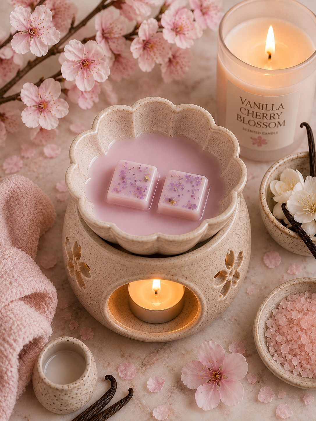 vanilla cherry blossom wax melts in burner surrounded by cherry blossom and candles.