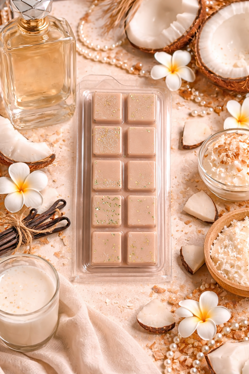 Packaged wax melt bar with coconut, flowers, and a glass of milk on a textured surface.