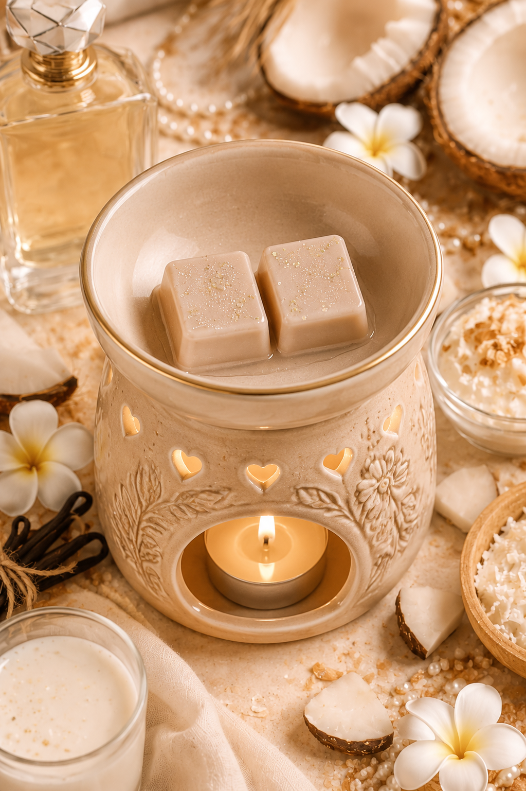 Vanilla coco wax melts in burner surrounded by perfume, coconuts and summery vibes.