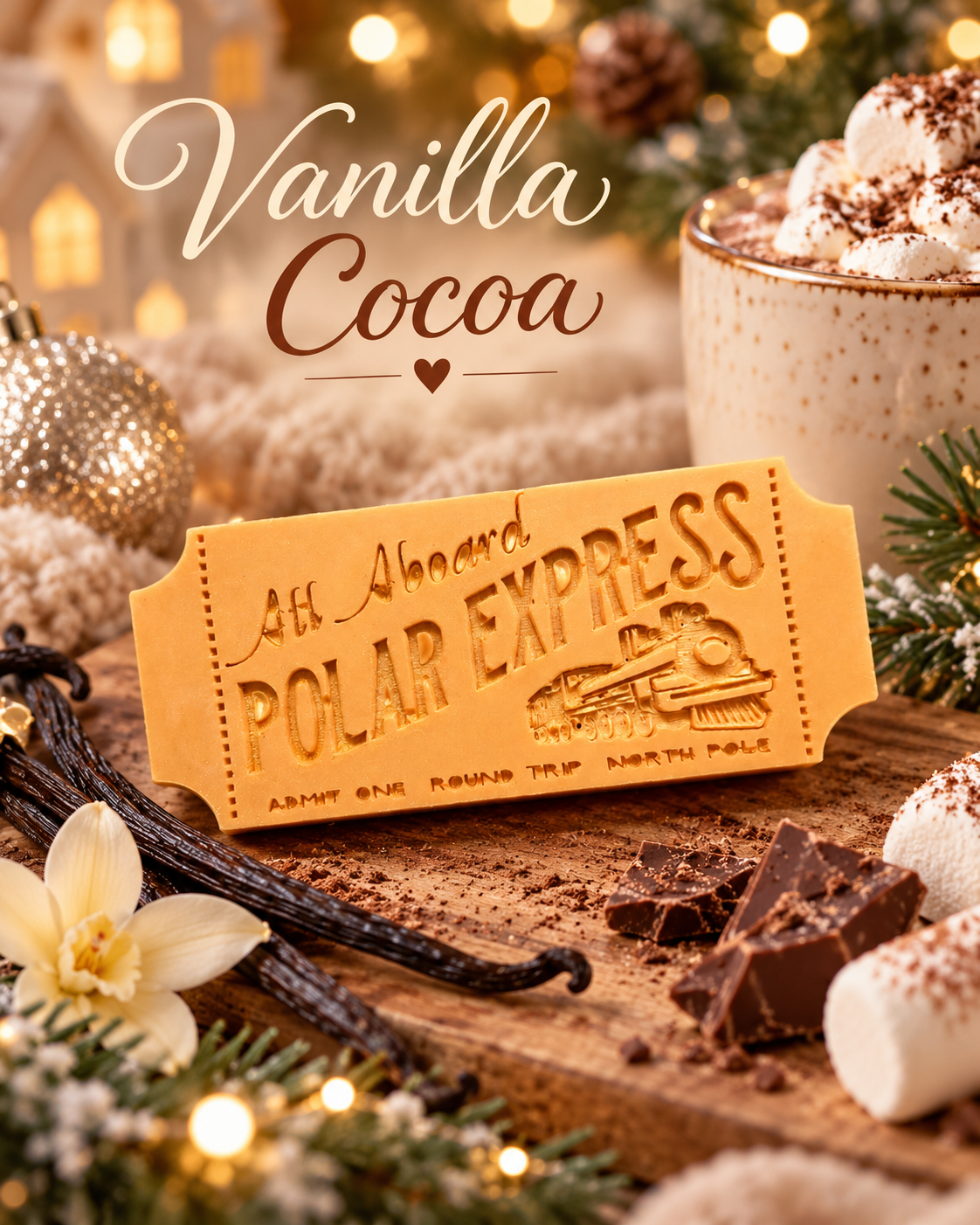 A wax melt bar shaped like a vintage ticket reading 'Polar Express' and 'Vanilla Cocoa,' styled on a wooden surface with cocoa powder, marshmallows, vanilla beans, evergreen branches, and warm holiday lights. The words 'Vanilla Cocoa' appear at the top.