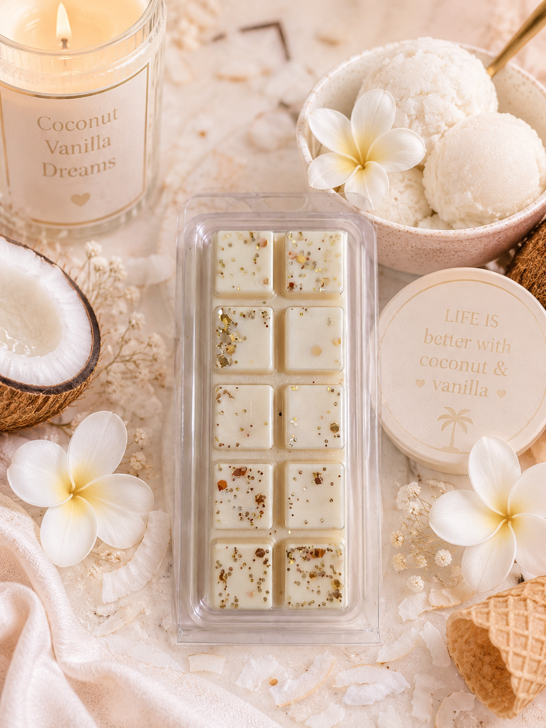 Coconut vanilla wax melts with a candle, flowers, and coconut pieces on a light background