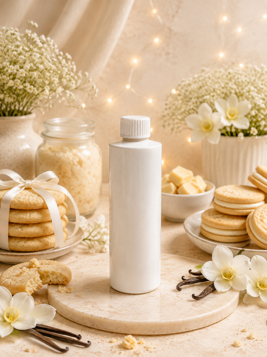 Vanilla cookie reed diffuser refill with cookie background.