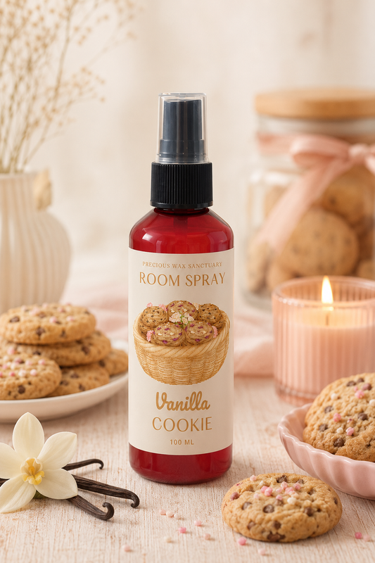 A bottle of Vanilla Cookie room spray stands on a tabletop surrounded by cookies, a lit candle, vanilla beans, and a white flower. The product bottle is red with a black spray top and a cream label showing a cookie basket illustration.