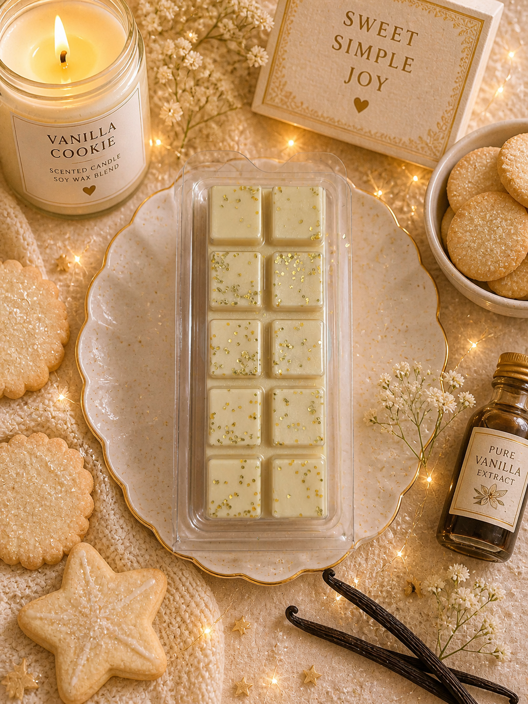 Vanilla cookie scented candle, wax melts, vanilla extract, and cookies on a decorative plate with lights.