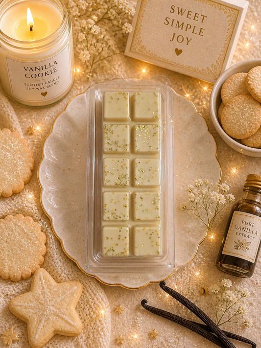 Vanilla cookie scented candle, wax melts, vanilla extract, and cookies on a decorative plate with lights.