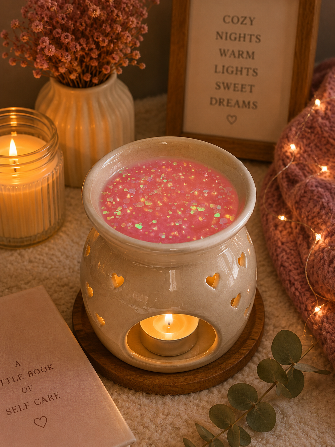 A pink gel wax melt in a ceramic heart-shaped wax warmer with a lit tea light candle inside, styled on a cozy surface with a candle, framed sign, string lights, and a book in the background.